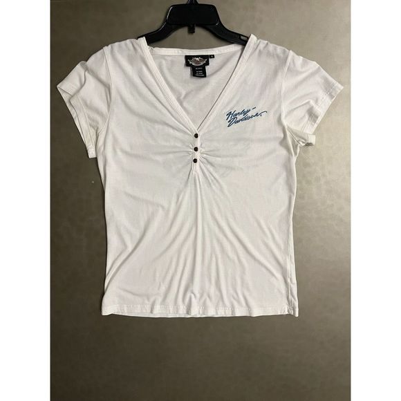 Harley Davidson Women Sz L Retro Embroidered 1/4 Snap Button T-Shirt Top - Picture 4 of 7